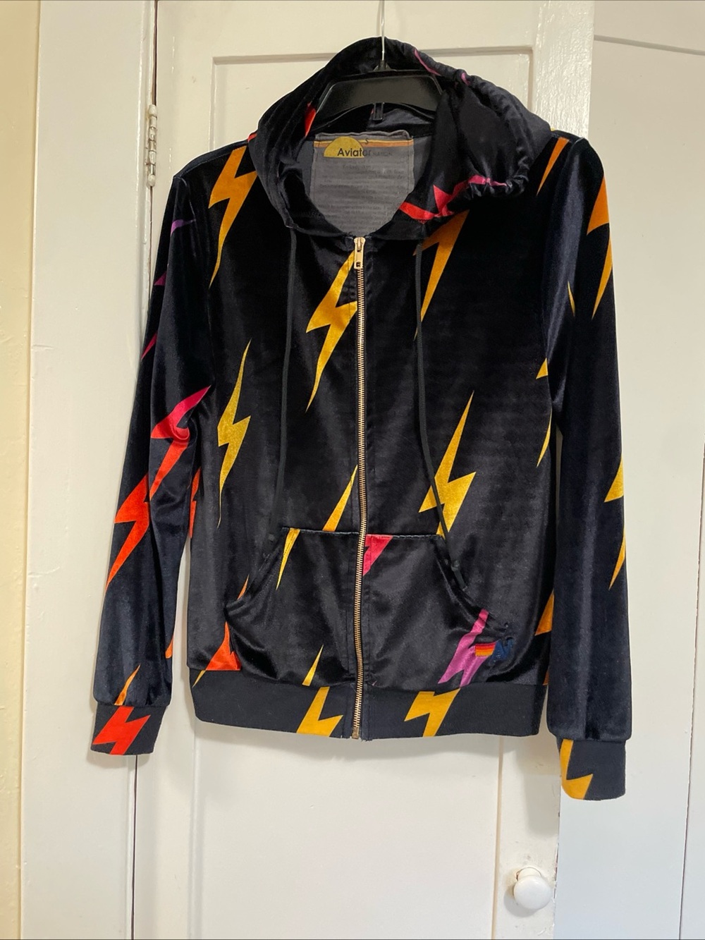 Aviator Nation Black Velvet Zip Hoodie with Multicolor Lightning Bolts